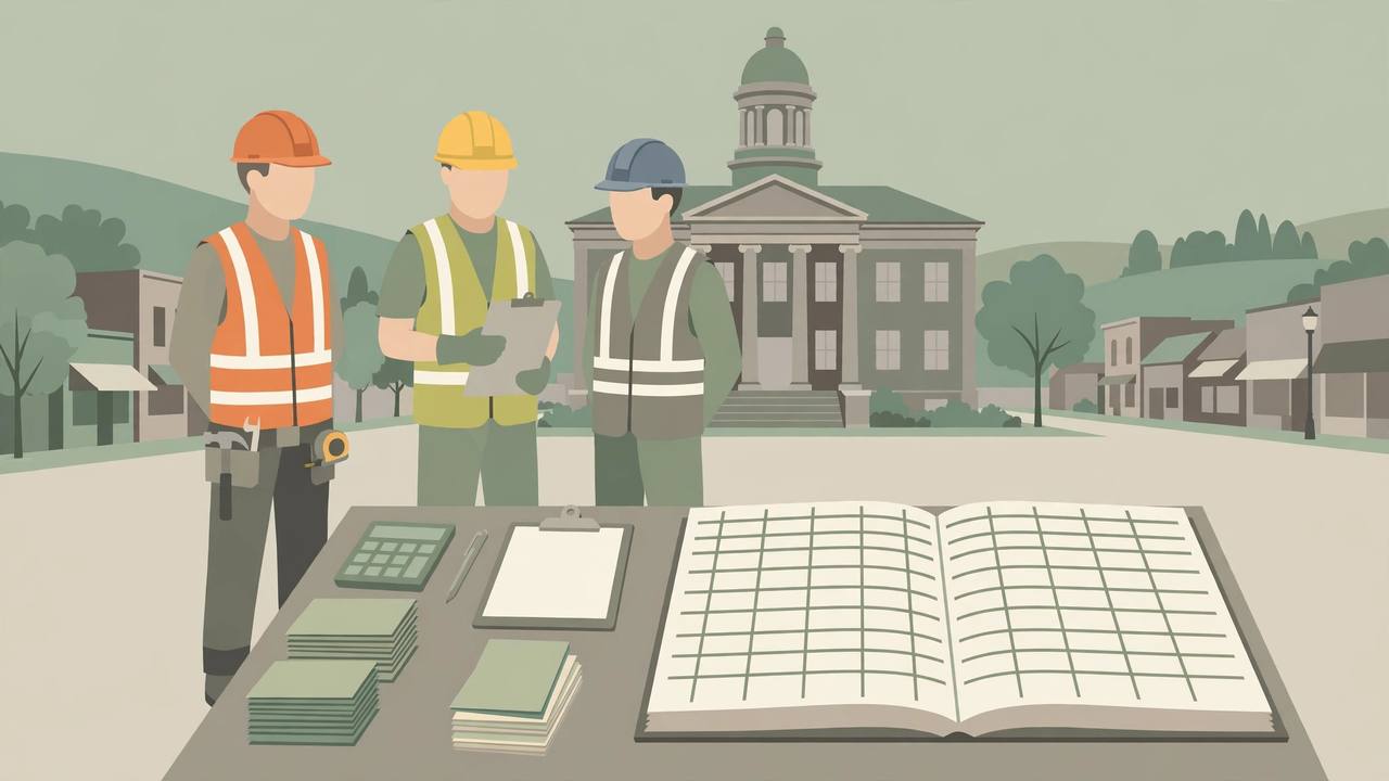 Editorial illustration of construction and warehouse workers beside a payroll desk with wage slips and a tax ledger, a courthouse behind them