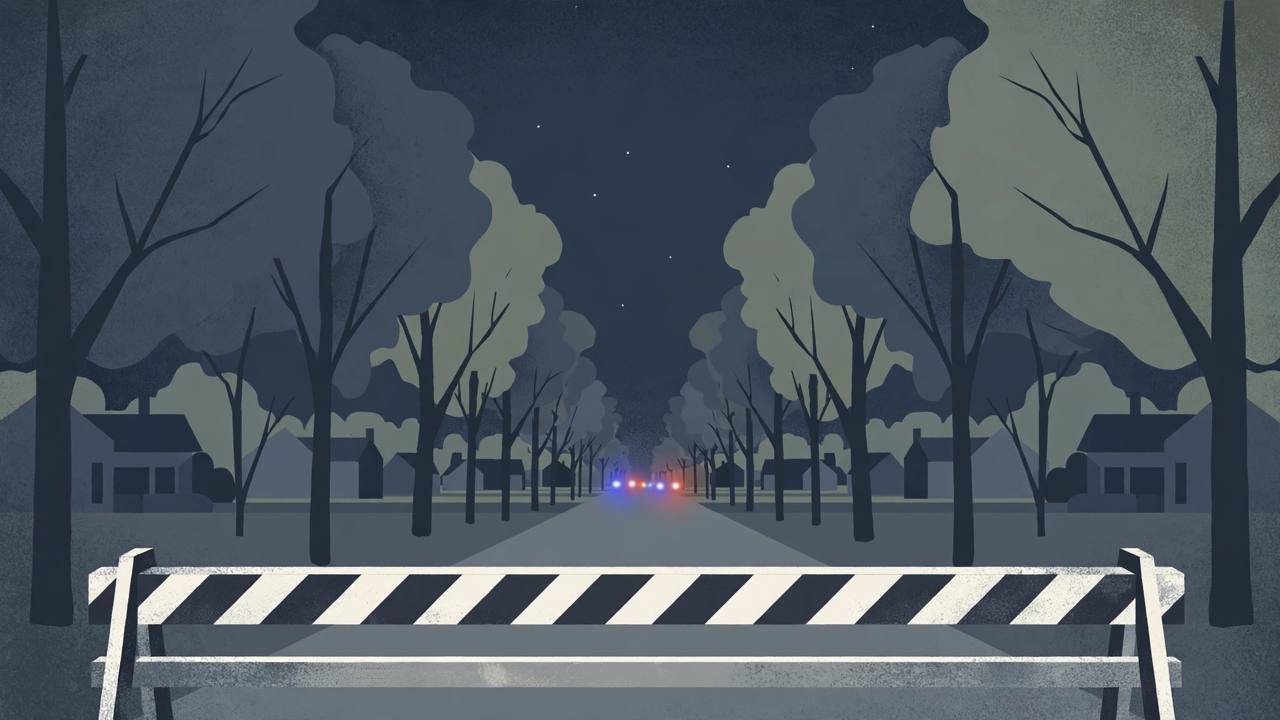 Editorial illustration of a quiet tree-lined residential road in a North Carolina suburb at night, closed with a barrier, with distant emergency lights; no person or incident is depicted
