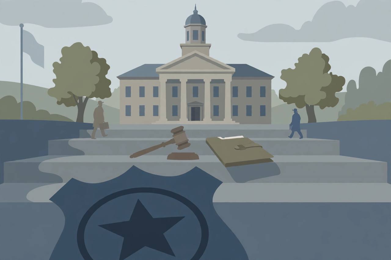Editorial illustration of a generic North Carolina county courthouse with a gavel and a closed case file on the steps — generic figures only, no real person's face, and no depiction of any offence or victim