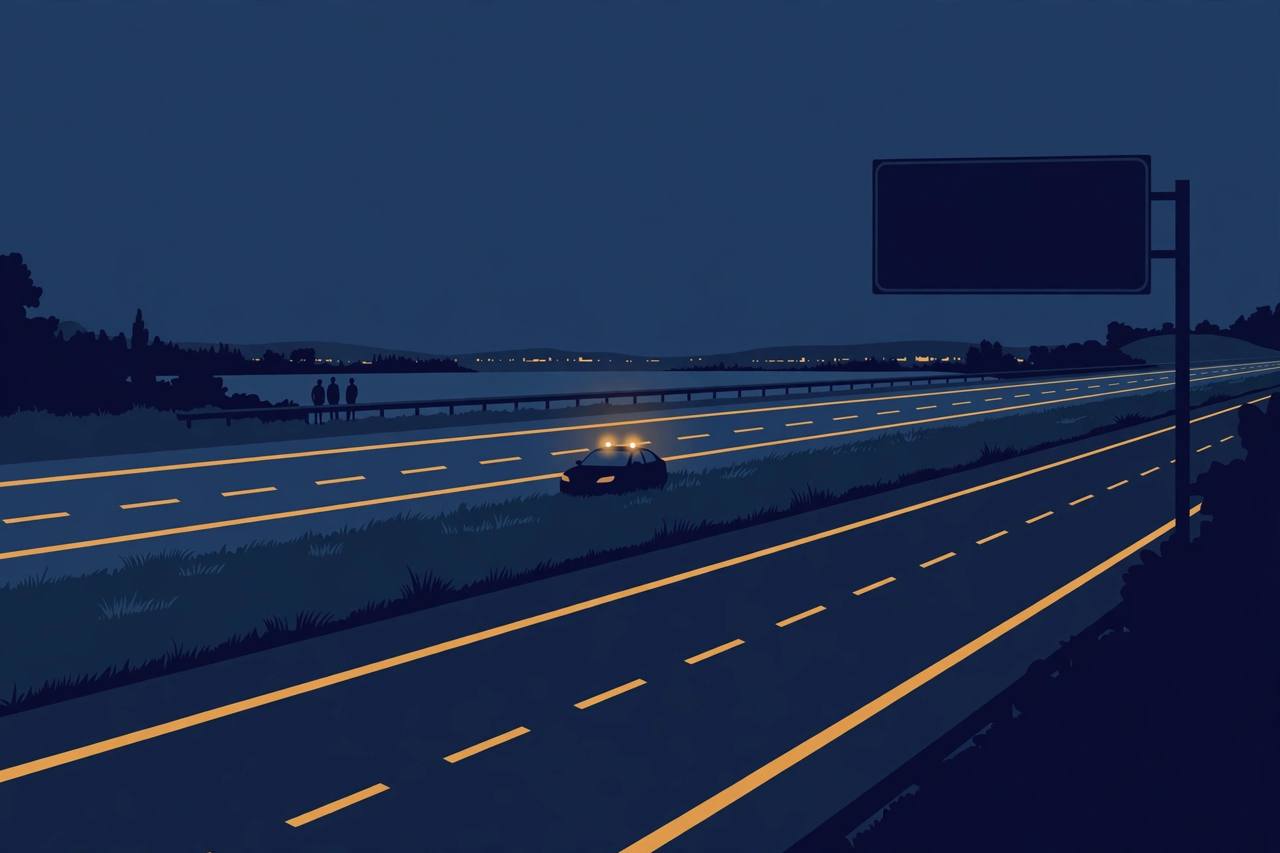 Editorial illustration of an interstate highway at night with a car stopped safely in the median with hazard lights on; generic silhouetted figures only, no real person is depicted and the crash itself is not shown