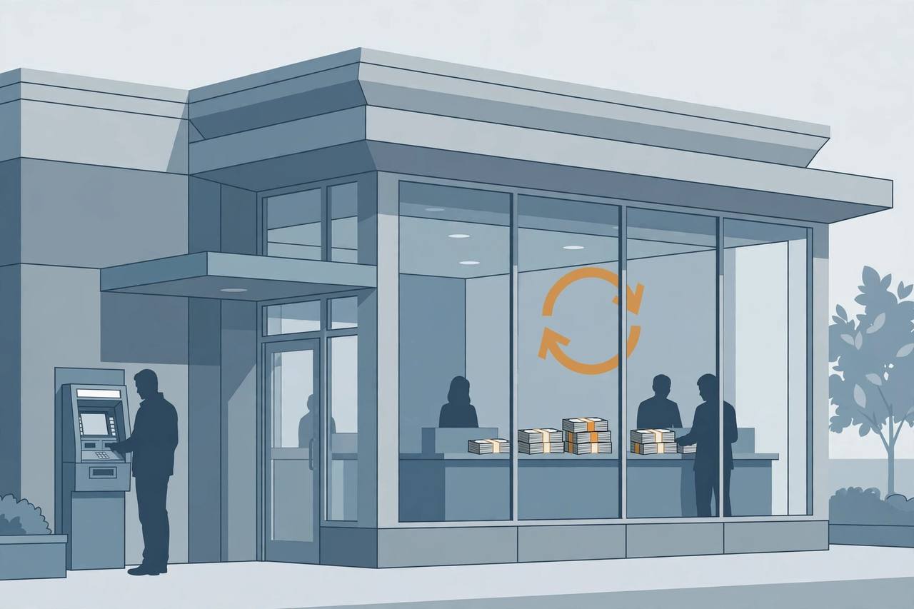 Editorial illustration of a North Carolina credit union branch with customers at an ATM and counter, cash bundles and a circular deposit-withdrawal arrow motif