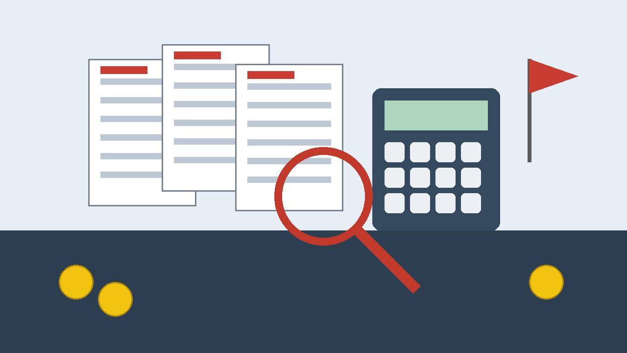 Editorial illustration of tax return documents, a calculator and a magnifying glass over paperwork with a red warning flag