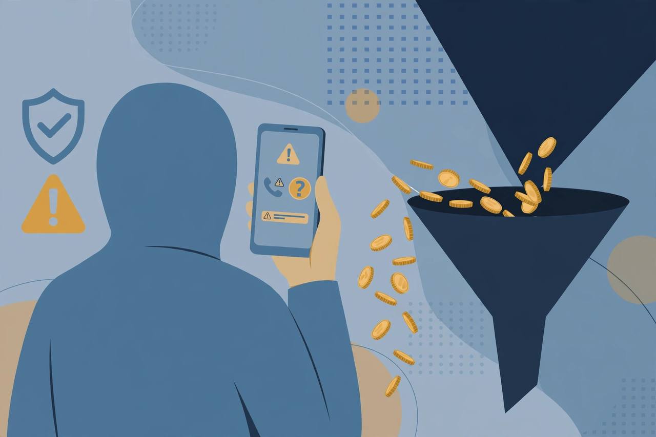 Editorial illustration of a generic faceless person holding a phone with warning symbols while coins drain into a funnel, flat style, no text, no real person's face