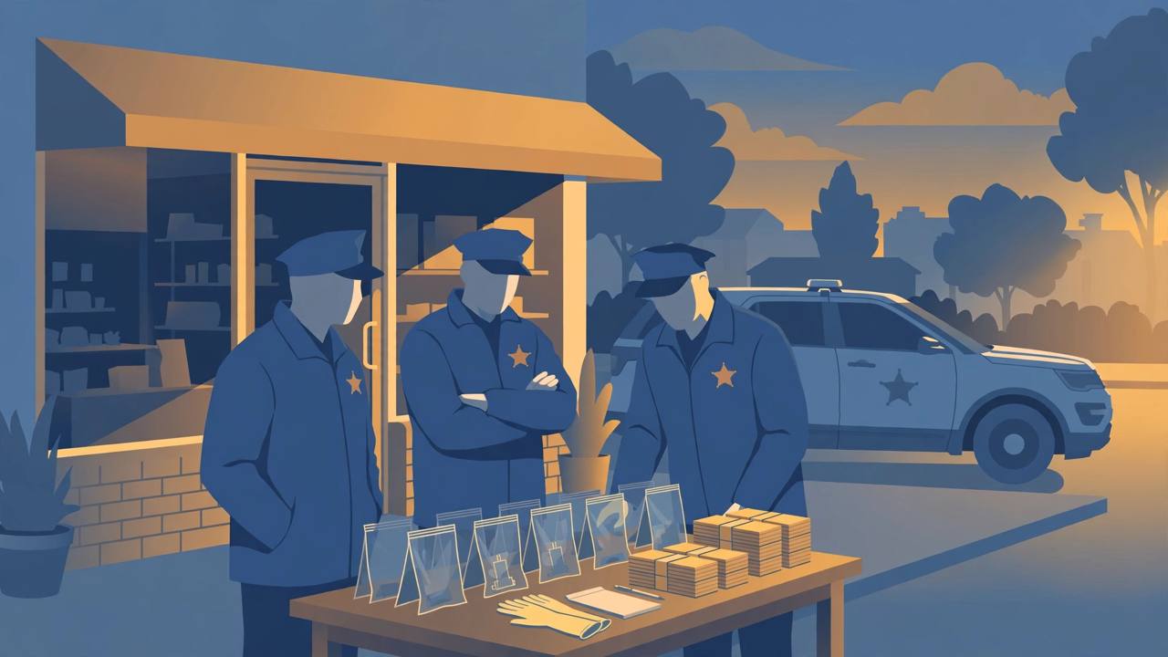 Editorial illustration of law-enforcement agents beside an evidence table with sealed bags and cash bundles outside a small licensed storefront in Spring Lake, North Carolina, at dusk