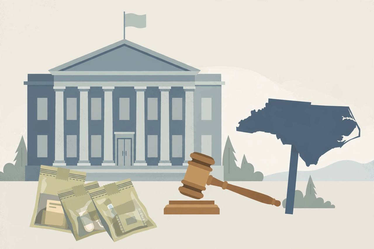 Editorial illustration of a generic federal courthouse with a gavel and sealed evidence bags, flat style, no real person depicted