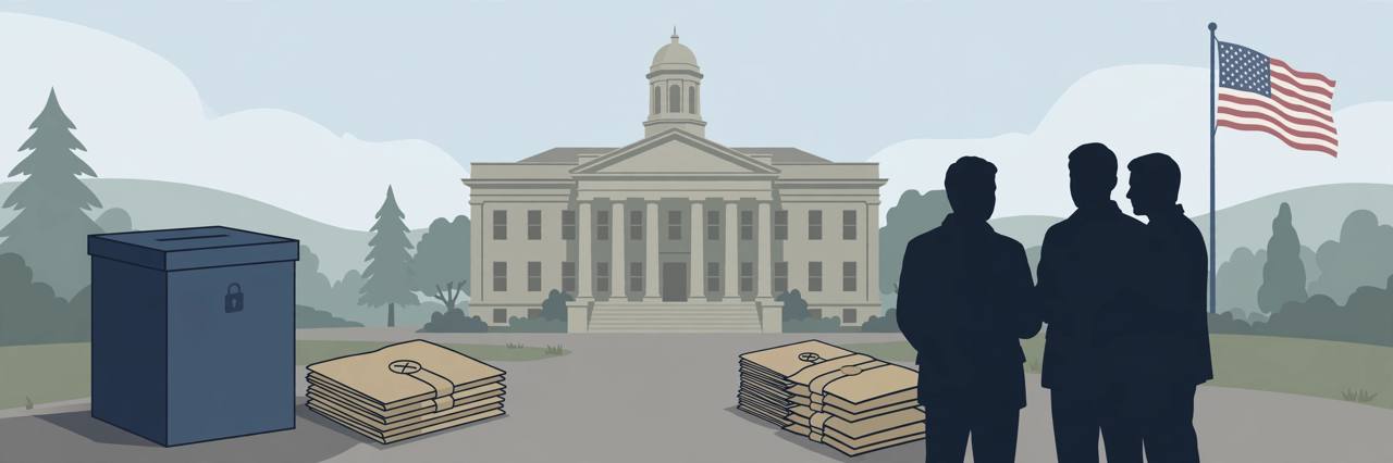 Editorial illustration of a ballot box and courthouse in North Carolina with generic investigators and sealed case files
