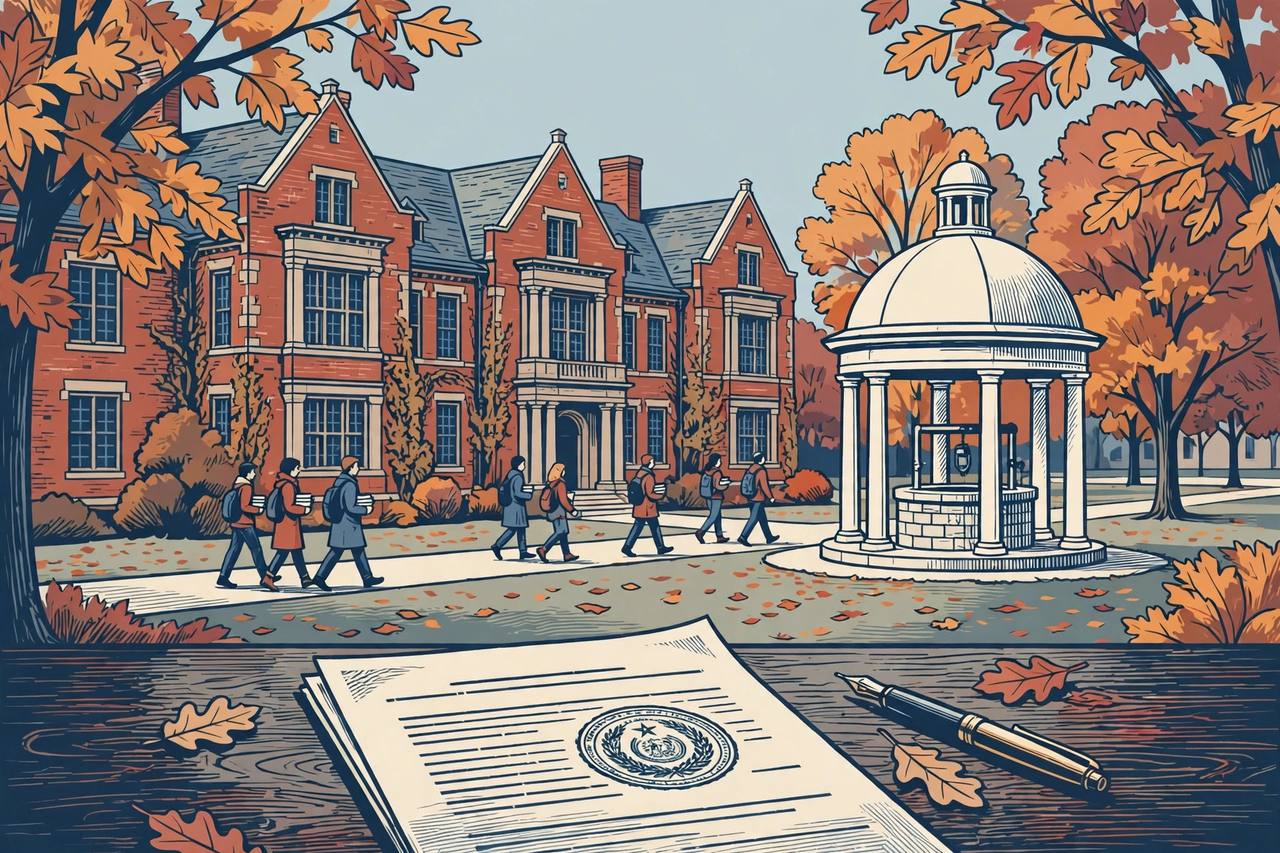 Editorial illustration of a historic university campus with a domed well pavilion, brick academic buildings and generic students walking under autumn trees