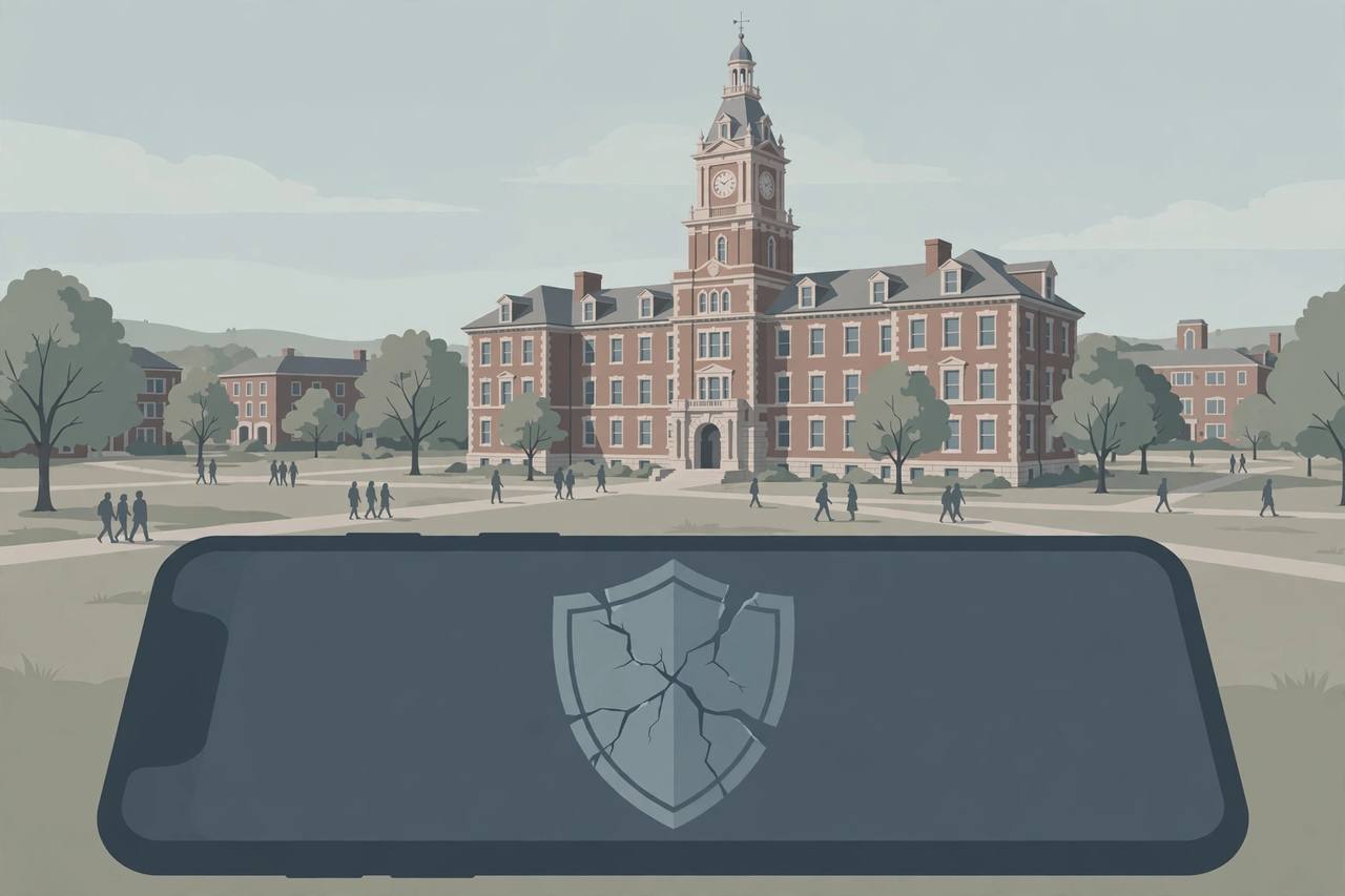 Editorial illustration of a generic university campus building with a smartphone showing a cracked privacy shield in the foreground, flat style, generic silhouettes only, no text, no real person or place depicted