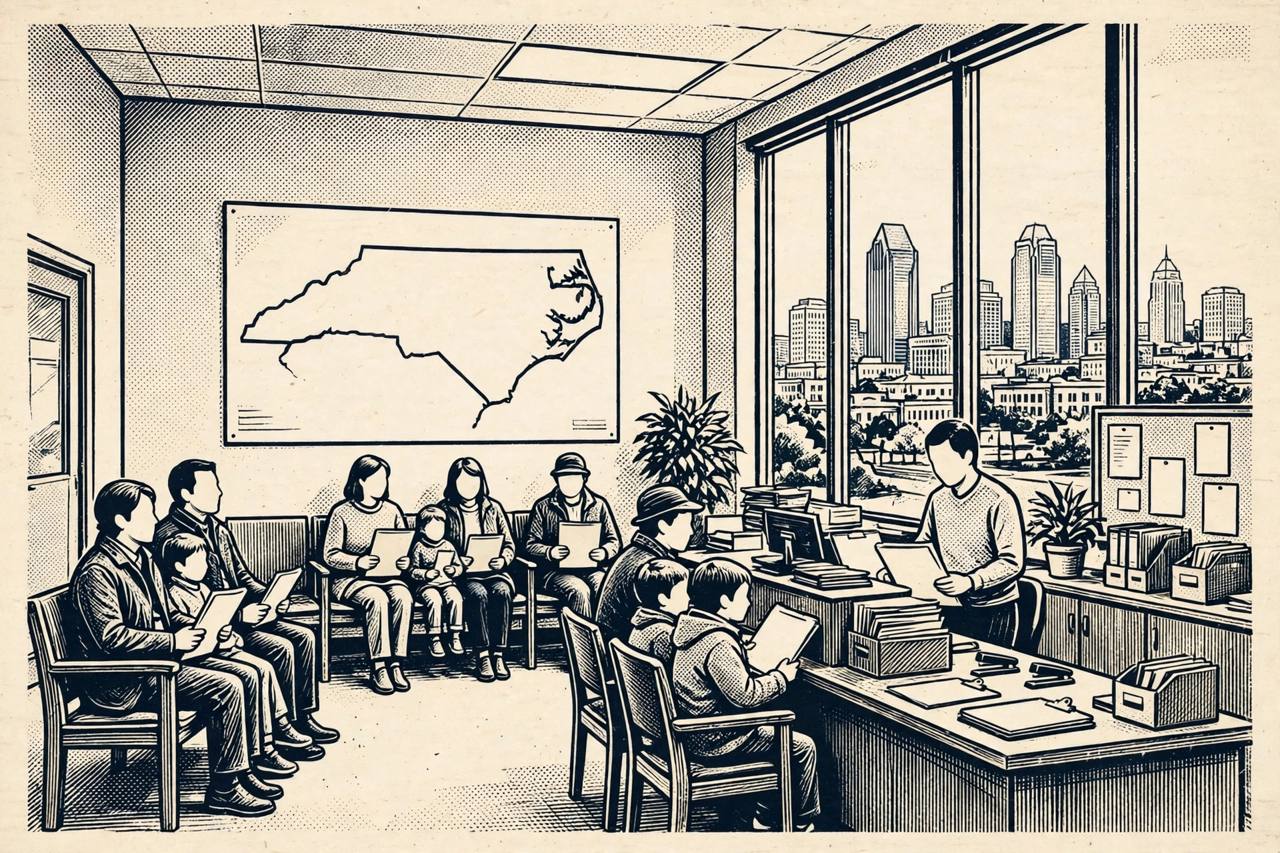 Editorial illustration of a government office in downtown Charlotte with generic families holding folders at an appointment desk