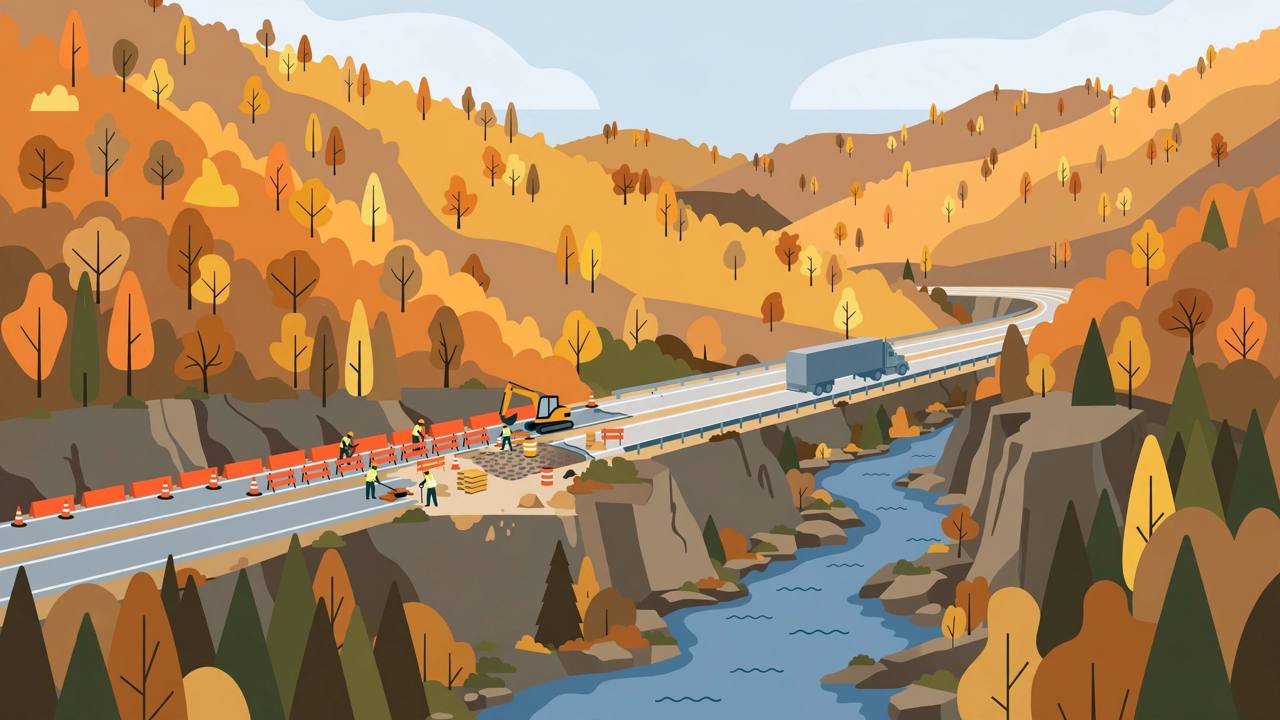 Editorial illustration of a mountain interstate highway through a river gorge under repair, with road crews and a waiting semi truck