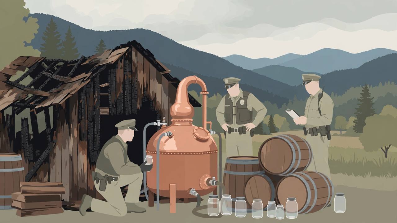 Editorial illustration of officers inspecting a large copper distillery still beside a fire-scorched wooden shed in the North Carolina foothills, with barrels and jars in the foreground