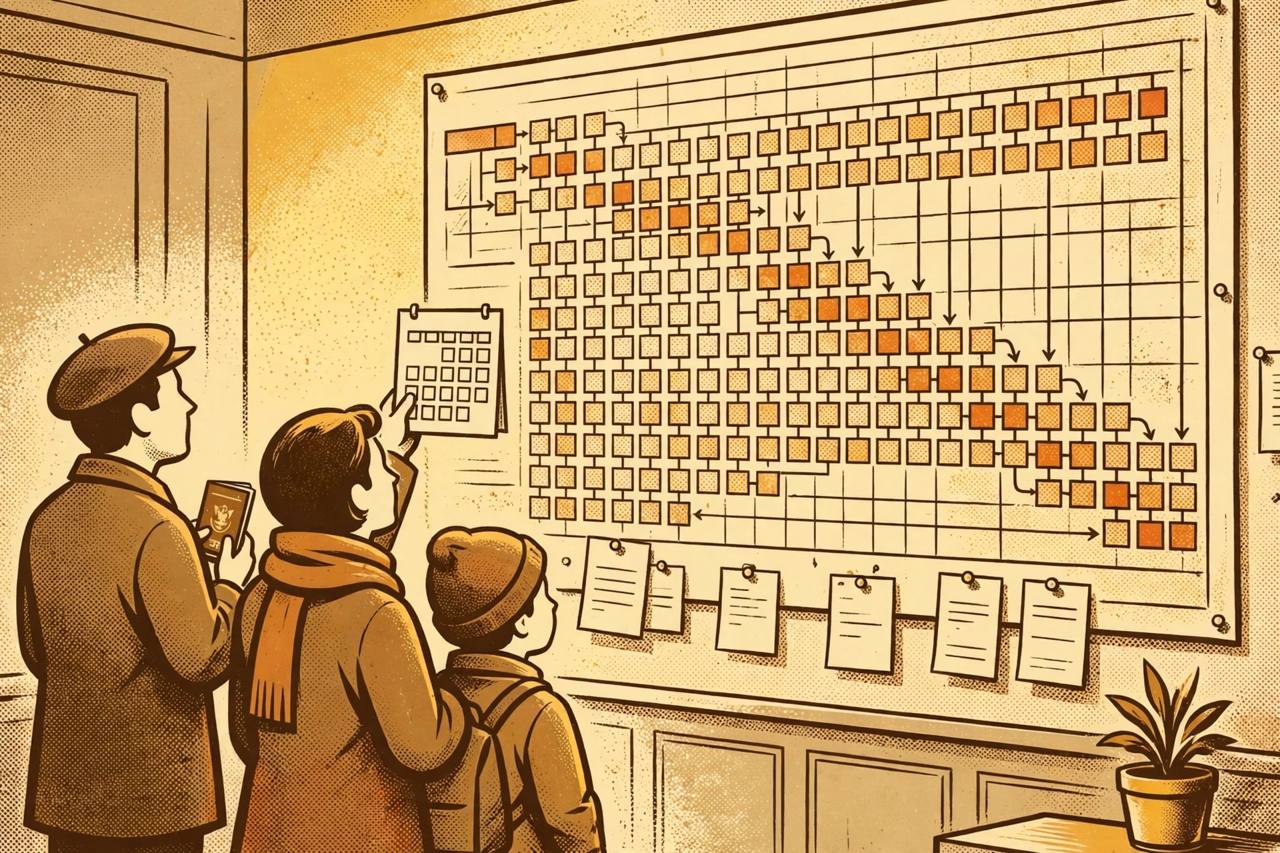 Editorial illustration of a family checking a large visa queue chart and a calendar