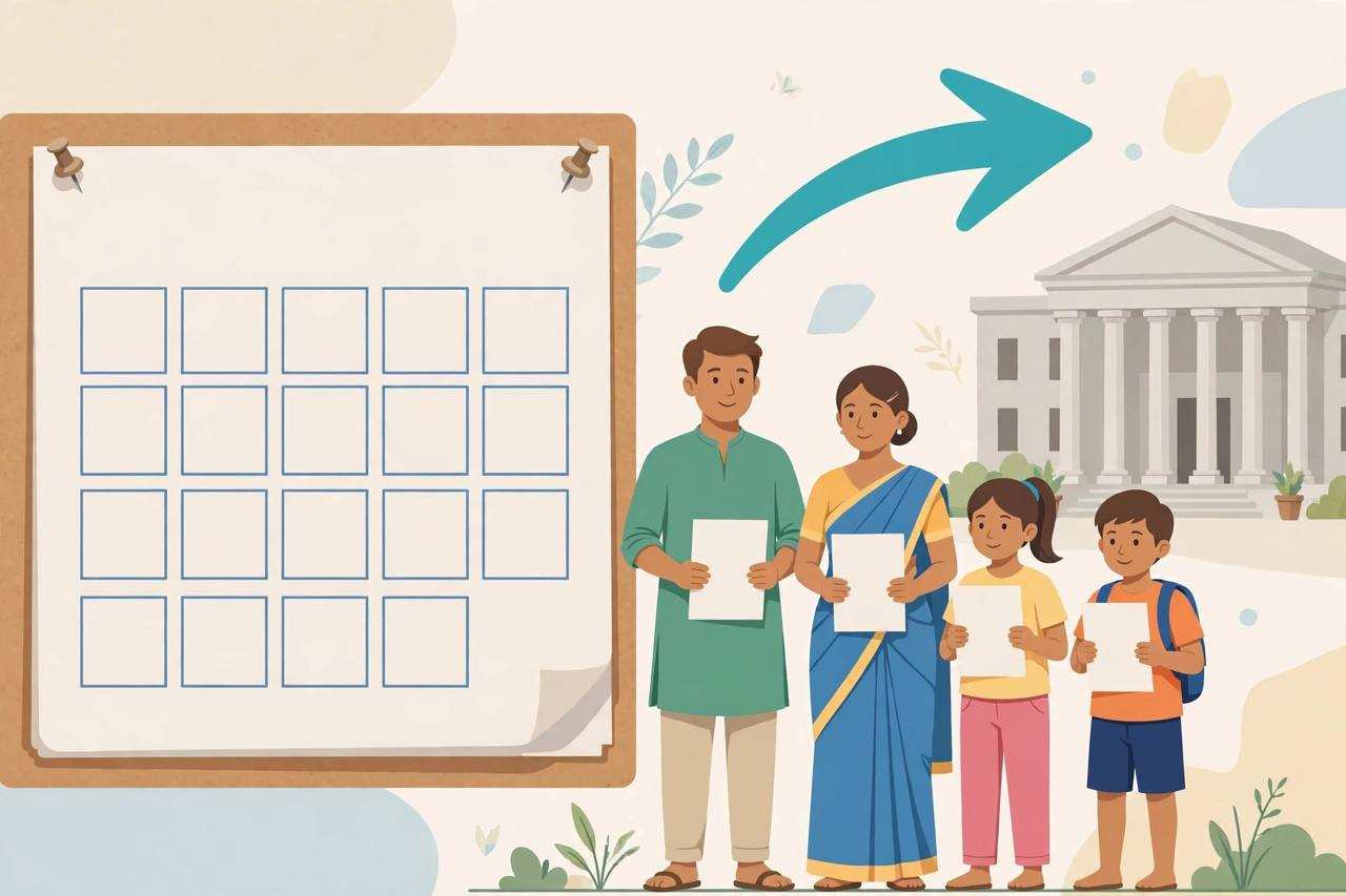Editorial illustration of a generic Indian family holding blank documents beside a large calendar and a government building, flat style, no real person