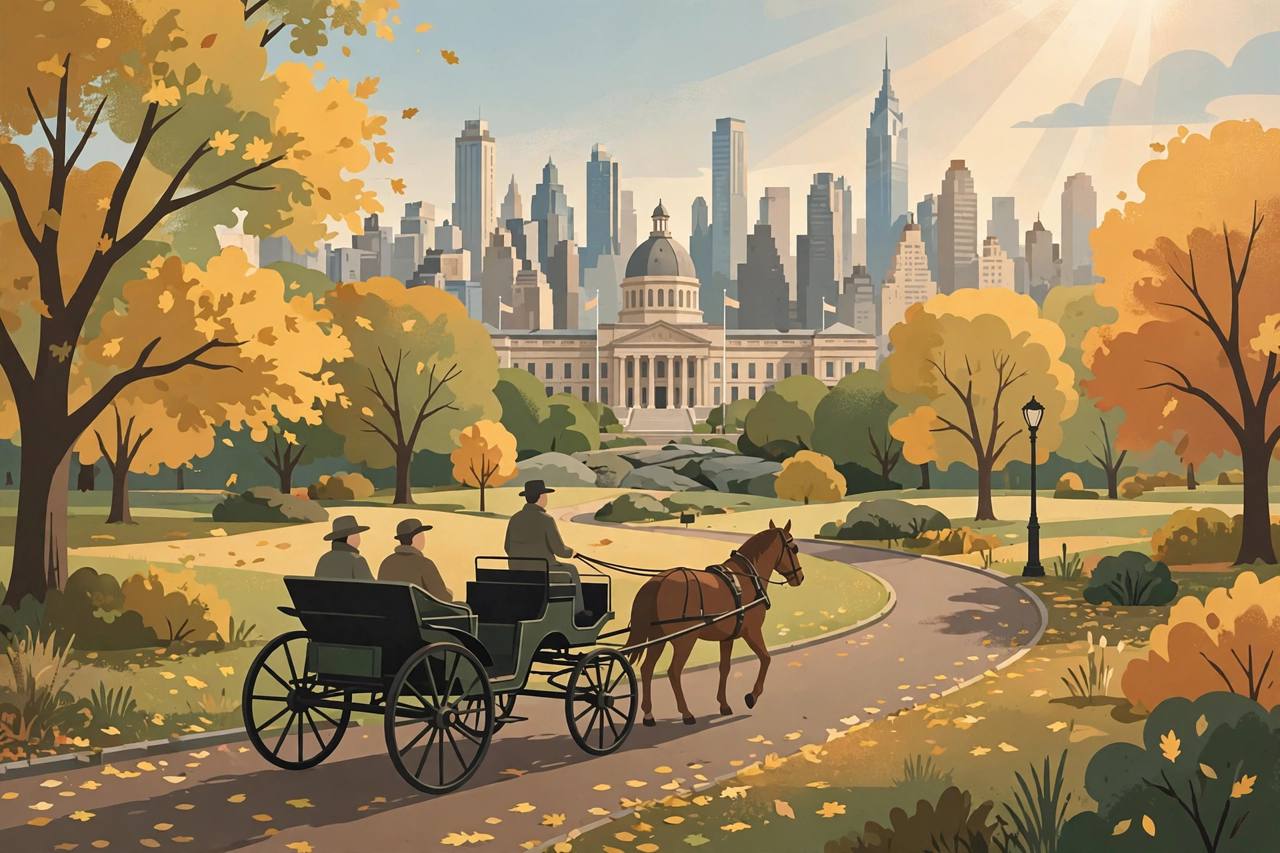 Editorial illustration of a horse-drawn carriage in Central Park, New York
