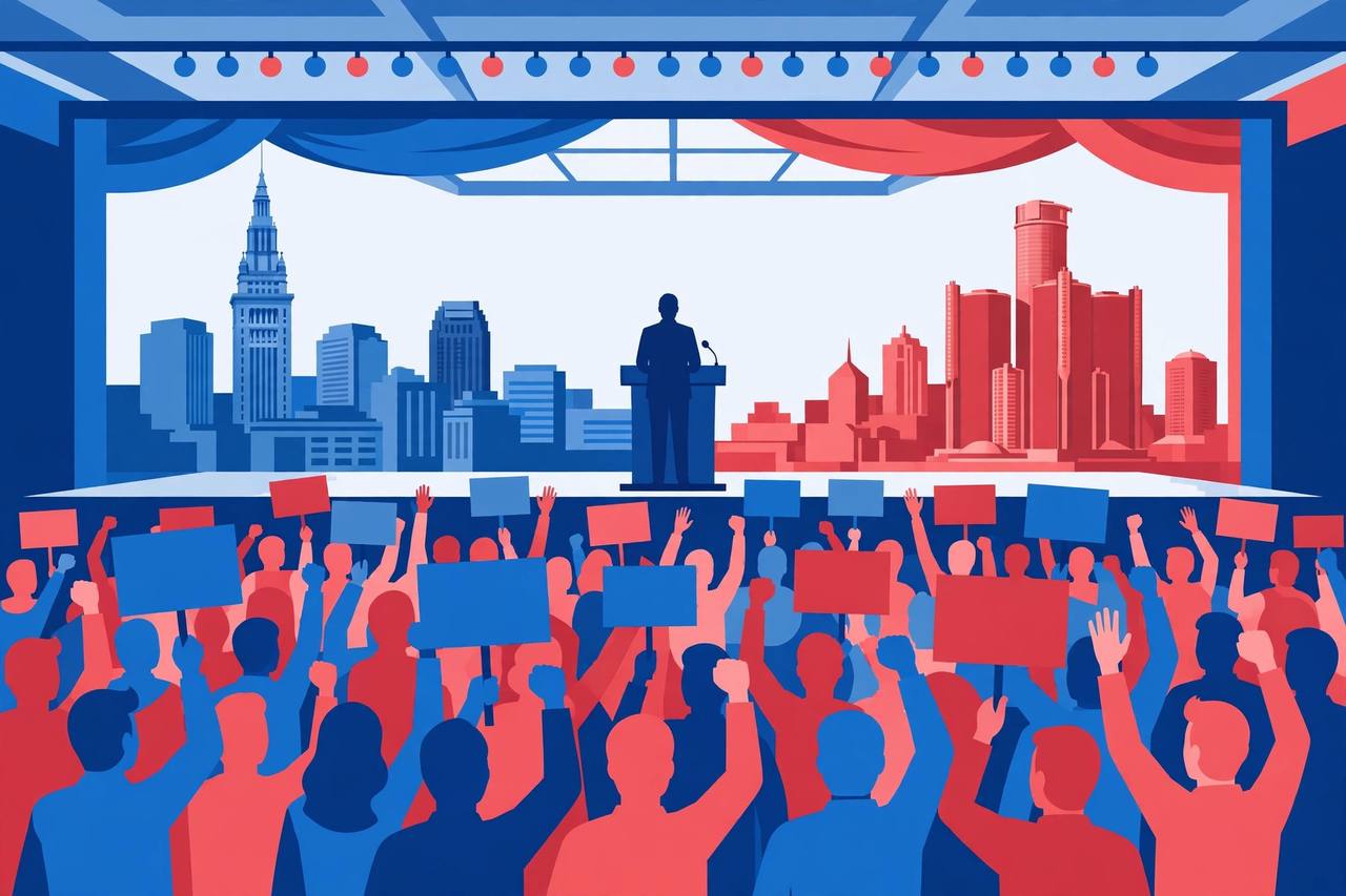 Editorial illustration of a large indoor campaign rally with a generic speaker silhouette at a podium and a cheering generic crowd with blank placards — no real event photo and no real person's face is shown