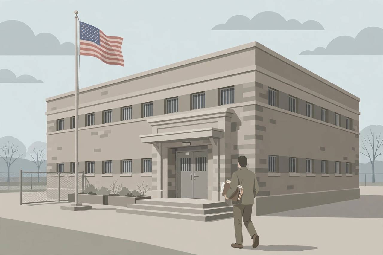 Editorial illustration of a generic county jail building with a generic figure carrying paperwork, flat style, no real person's face or likeness
