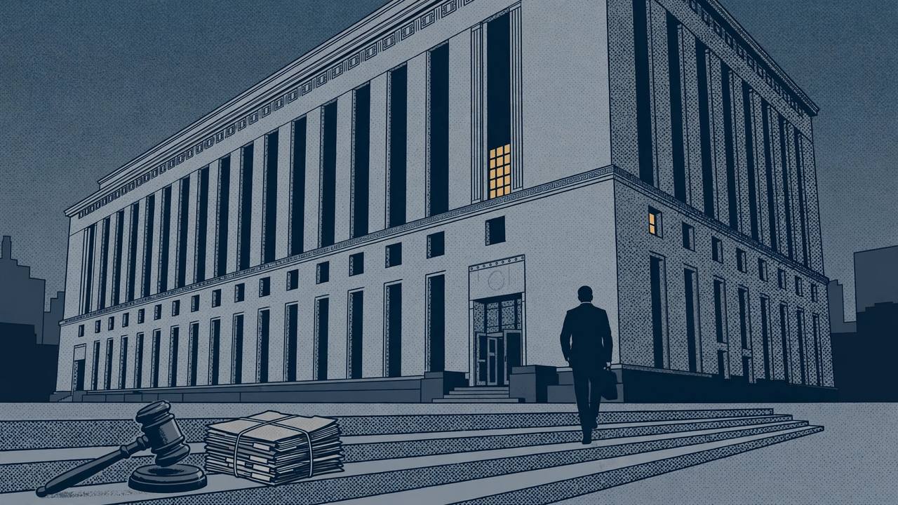 Editorial illustration of a federal courthouse at dusk with a gavel and a stack of case files on the steps and a generic silhouetted figure walking toward the doors