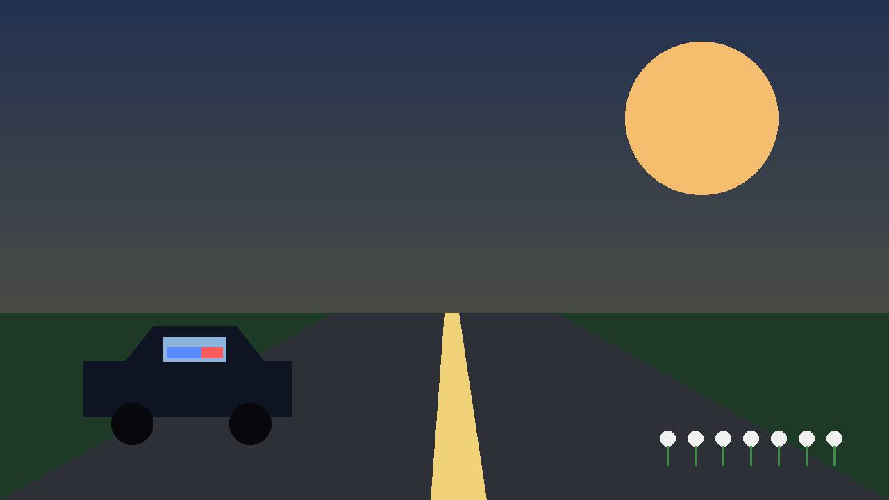 Editorial illustration of a dawn highway with a generic patrol vehicle silhouette and sunrise, flat style, no real person or crash depicted