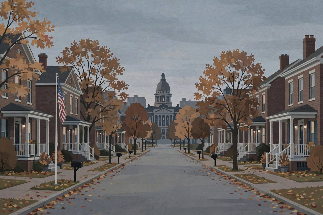 Editorial illustration of a quiet Cleveland residential street in autumn with a courthouse in the distance