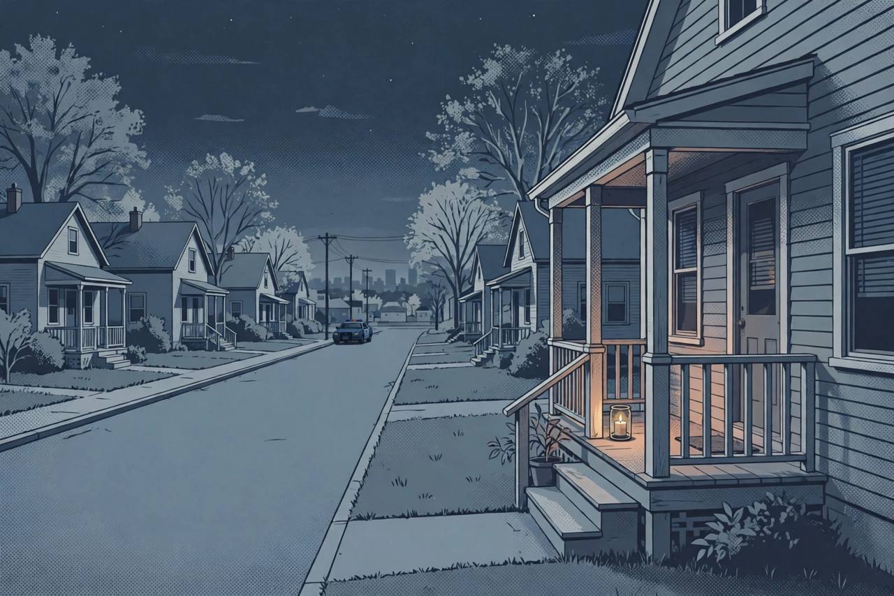 Editorial illustration of a quiet Cleveland residential street at night with a candle on a porch; no people or incident depicted