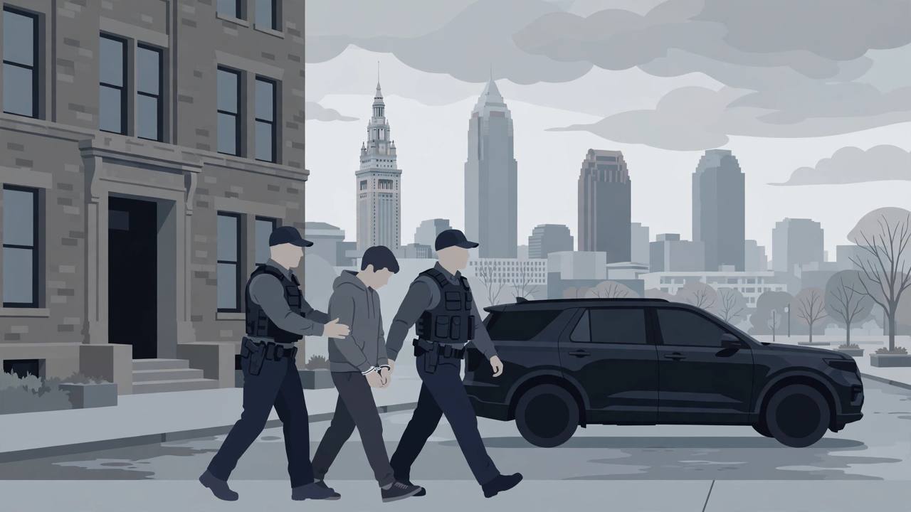 Editorial illustration of federal task-force officers escorting a handcuffed generic young man toward an unmarked SUV outside a Cleveland brick building, skyline behind