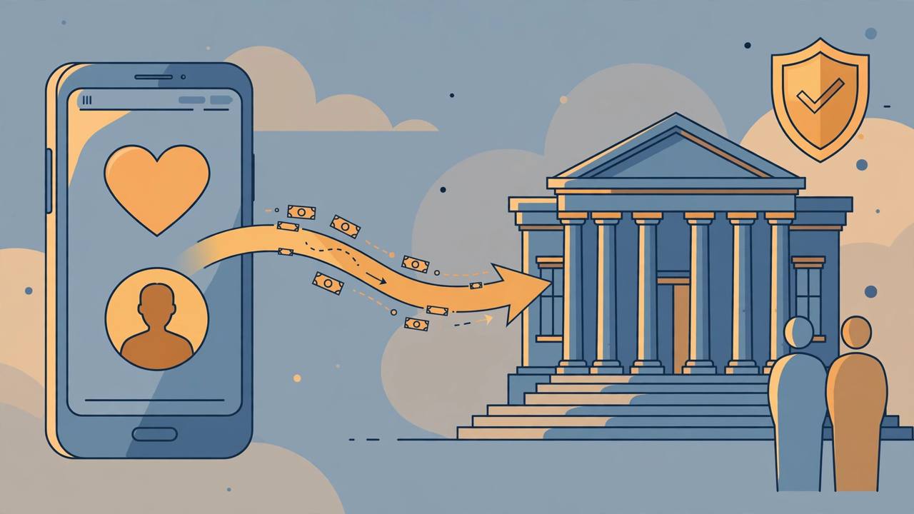 Editorial illustration of a smartphone with a heart icon and generic profile, money flowing toward a courthouse, flat style, no real person