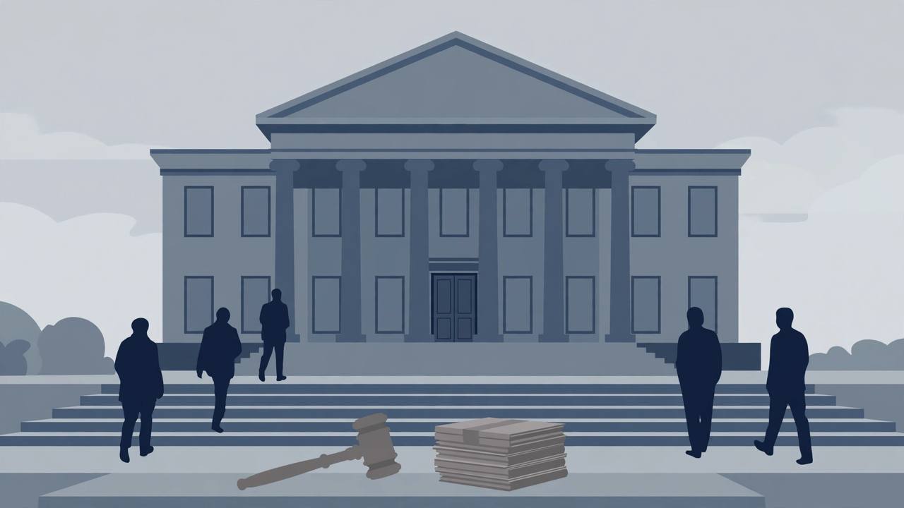 Editorial illustration of a generic county courthouse with a gavel and a stack of blank legal folders on the steps, generic silhouetted figures, flat style, no text, no real person depicted