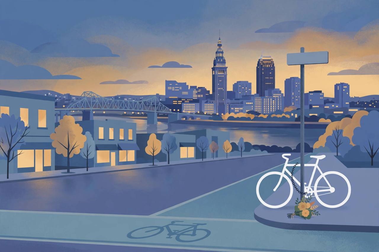 Editorial illustration of a white ghost-bike memorial beside a bicycle lane at dusk in Cleveland, with the city skyline and a steel bridge in the background