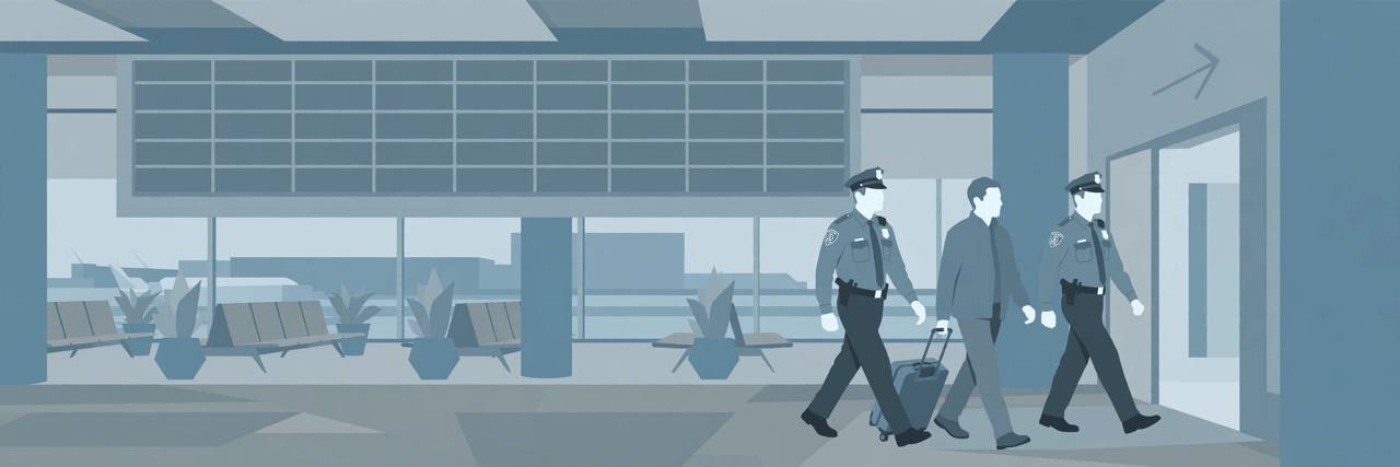 Editorial illustration of a generic traveller with a suitcase being escorted by two generic uniformed officers inside an airport terminal, flat style, no text, no real person depicted