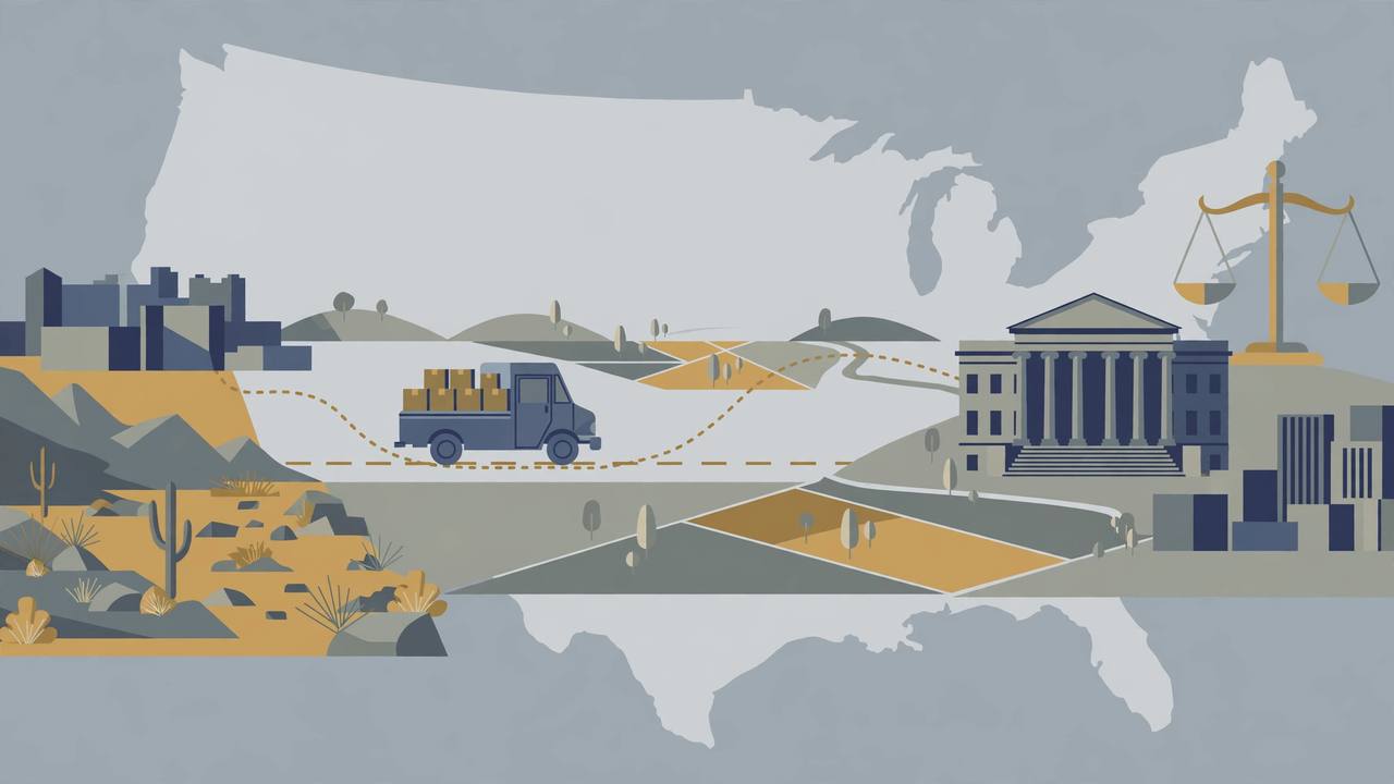 Editorial illustration of a mail truck carrying parcels along a route from the desert Southwest across a US map to a federal courthouse in Columbus, Ohio, with scales of justice, flat style, no real person depicted