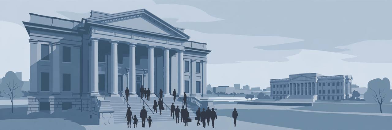 Editorial illustration of a courthouse in Columbus, Ohio with generic figures walking up its steps