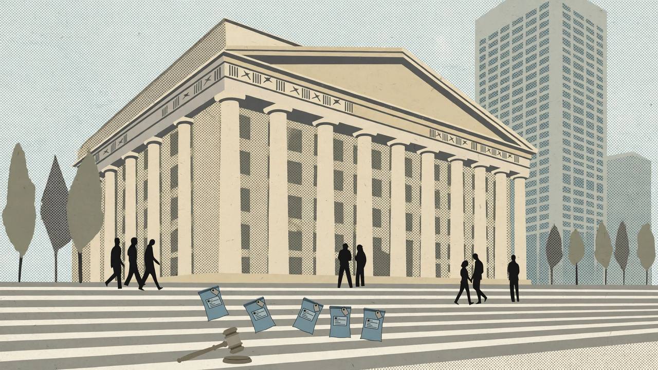 Editorial illustration of a federal courthouse in Columbus, Ohio with columns, a gavel and sealed evidence bags on the steps