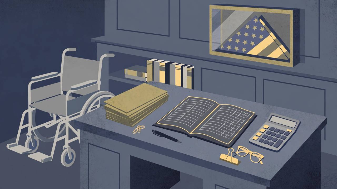 Editorial illustration of a generic law-office desk with a ledger, files and calculator, an empty wheelchair beside it and a folded flag in a case, flat style, no text, no real person's face