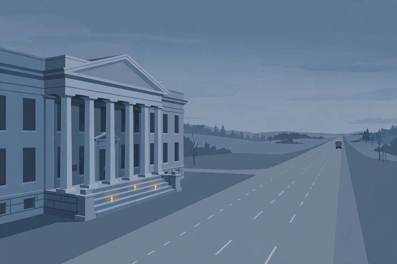 Editorial illustration of a county courthouse at dusk beside an empty interstate highway in Ohio, with three small candles on the steps