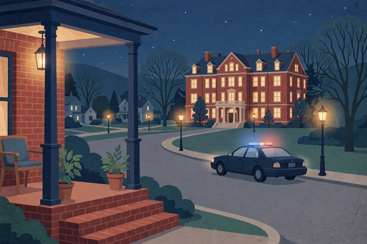Editorial illustration of a quiet small-town Ohio residential street at night with a brick house porch in the foreground, a red-brick college campus building in the background and one police car with soft glowing lights at the curb, flat style, no people, no weapons, no text and no real person's face