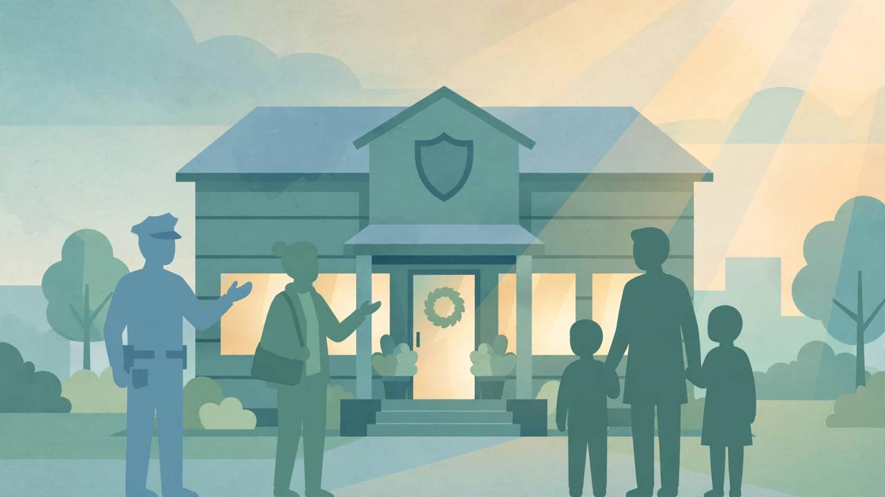 Editorial illustration of a shelter building with a police officer, an advocate and a family