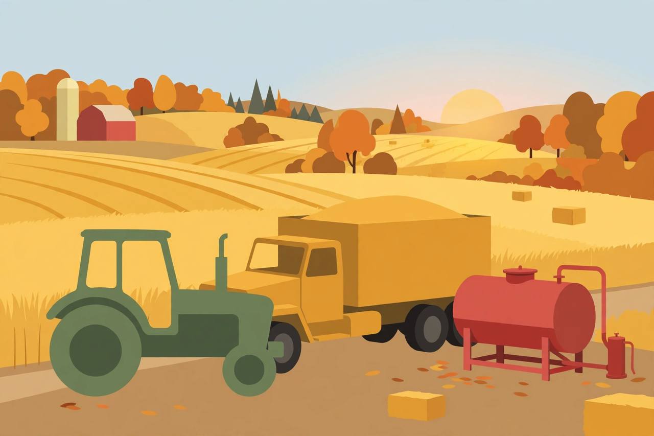 Editorial illustration of an Ohio harvest scene with a tractor, grain truck and red dyed-diesel farm tank