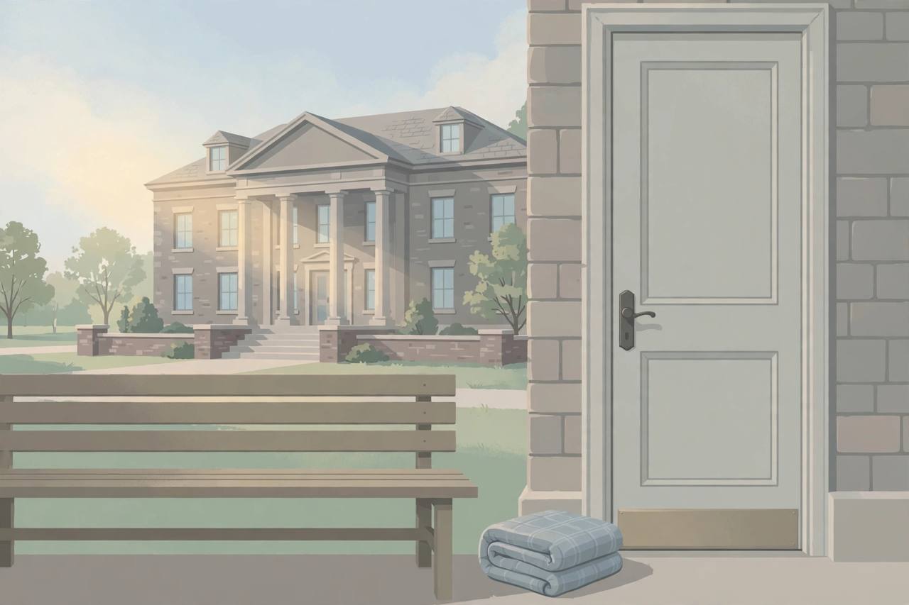 Editorial illustration of a quiet Ohio county courthouse in soft morning light, with an empty bench and a folded blanket beside a closed door, no people
