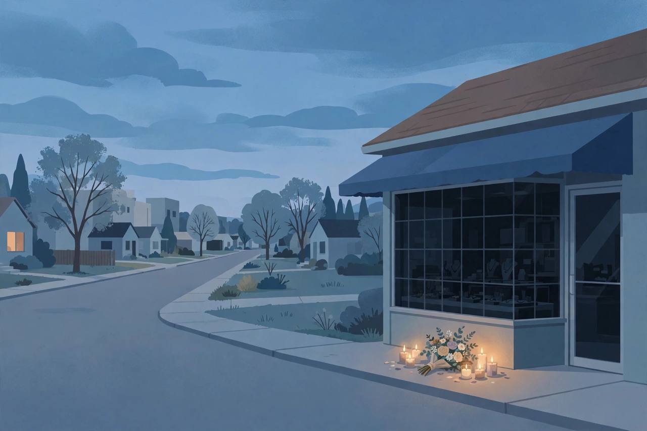 Editorial illustration of a quiet Ohio jewelry store storefront at dusk with flowers and candles left on the sidewalk in memory of its owner