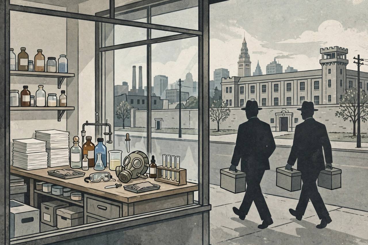 Editorial illustration of a storefront laboratory bench with reams of soaking paper, chemical bottles and a gas mask, generic investigators carrying evidence boxes outside, and a prison building in the background