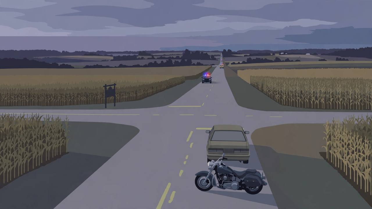 Editorial illustration of a generic motorcycle and a generic sedan at a rural Ohio state route intersection at dusk, with cornfields and a distant patrol vehicle, flat style, no real person, no text