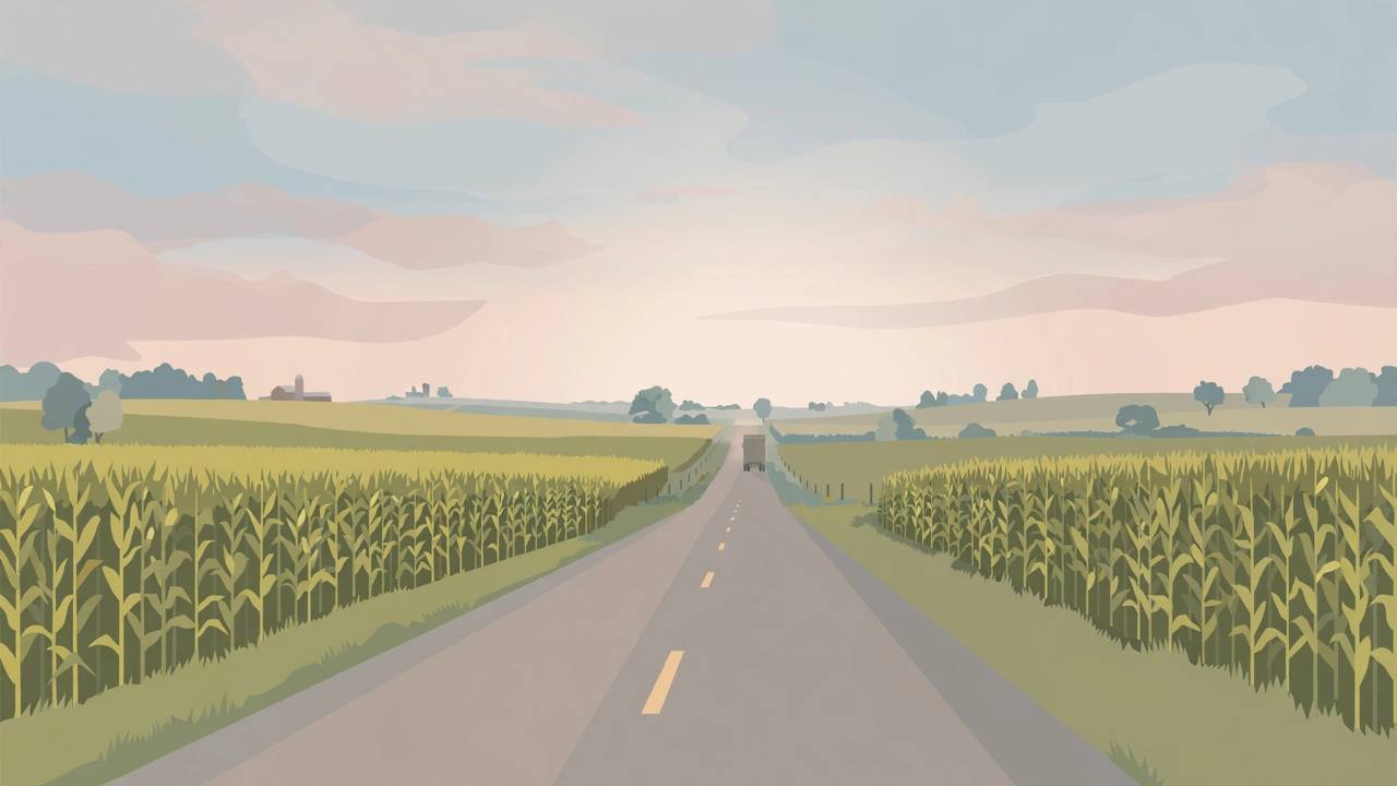 Editorial illustration of a quiet rural two-lane road through Ohio farmland at dawn, with a semi truck in the distance — no crash, no people, no text