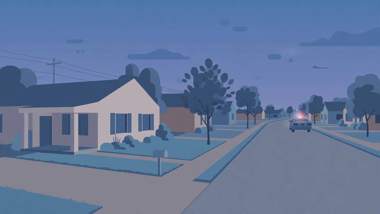 Editorial illustration of a quiet suburban residential street at dusk with a generic house and a police car in the distance, flat style, no people and no text