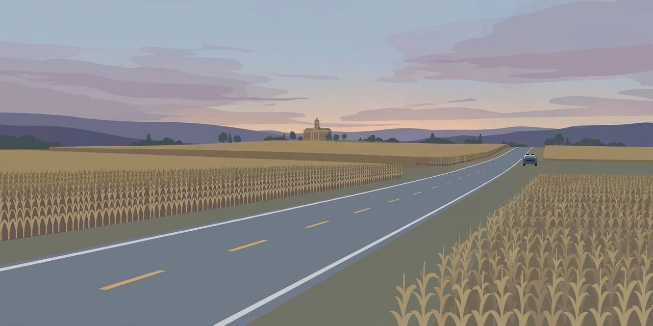 Editorial illustration of a quiet rural highway in southern Ohio at dusk with a distant courthouse; no incident is depicted