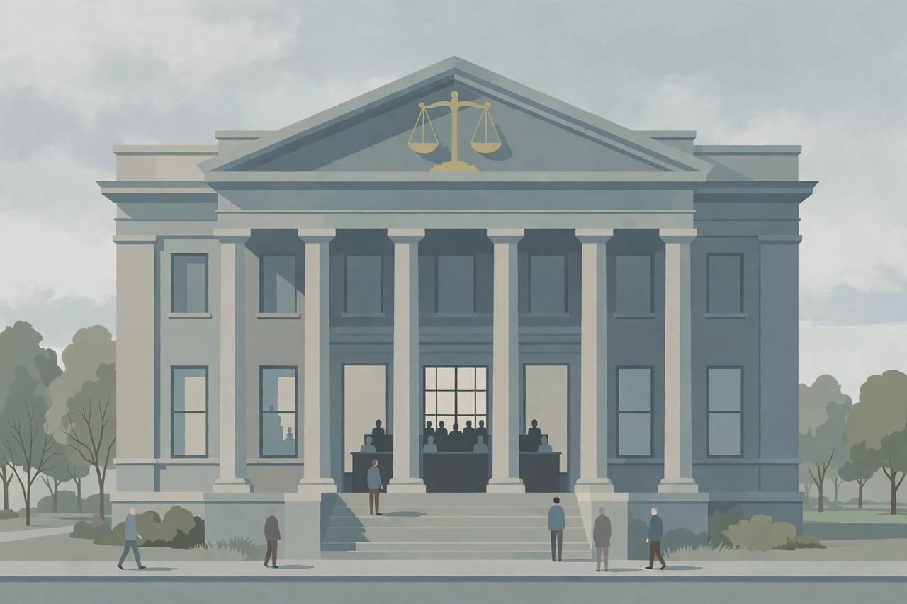 Editorial illustration of a county courthouse and scales of justice, flat style, no real person depicted, no crash or violence shown