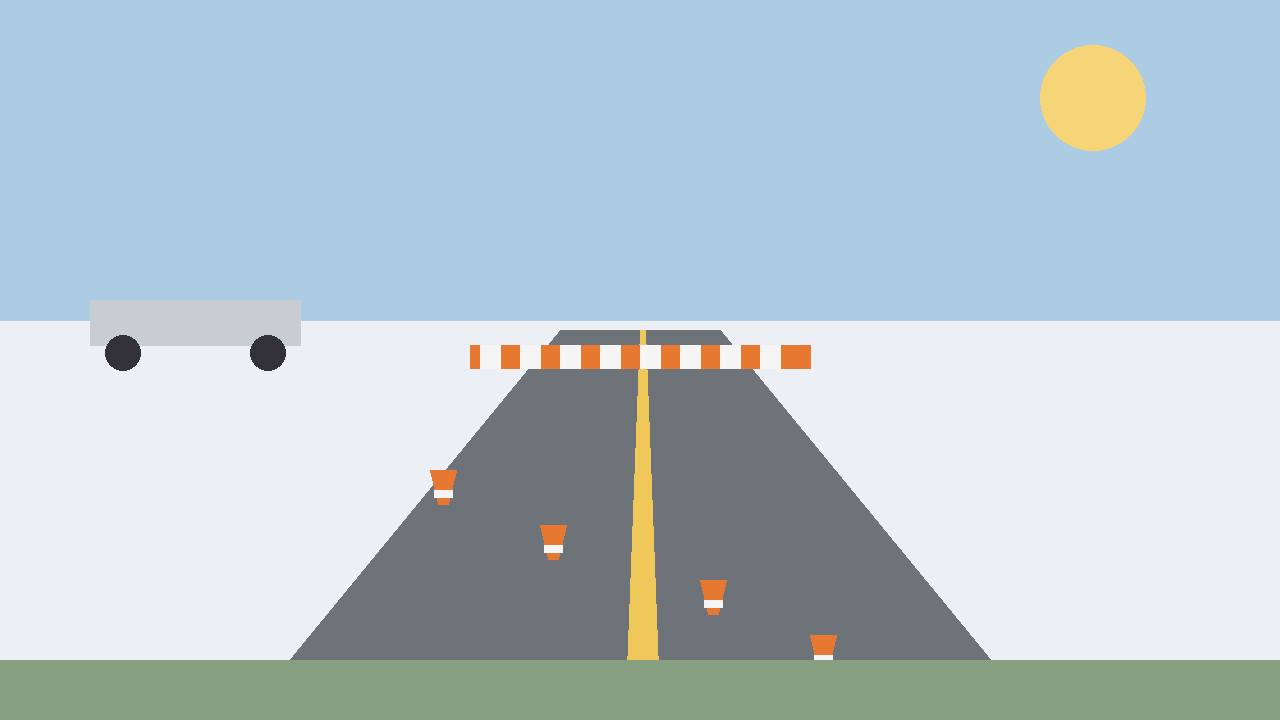 Editorial illustration of a generic closed highway with traffic cones and a barrier and a distant generic tanker truck, flat style, no people, no crash scene, no text, no real place depicted
