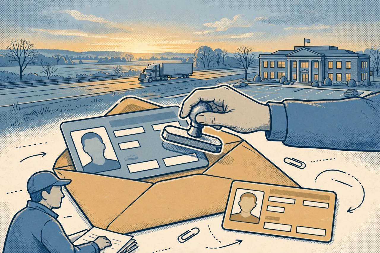 Editorial illustration of an Ohio highway at dawn with a semi-truck, a state licensing office, and a commercial driver's licence being stamped down to a smaller standard licence beside a large official envelope