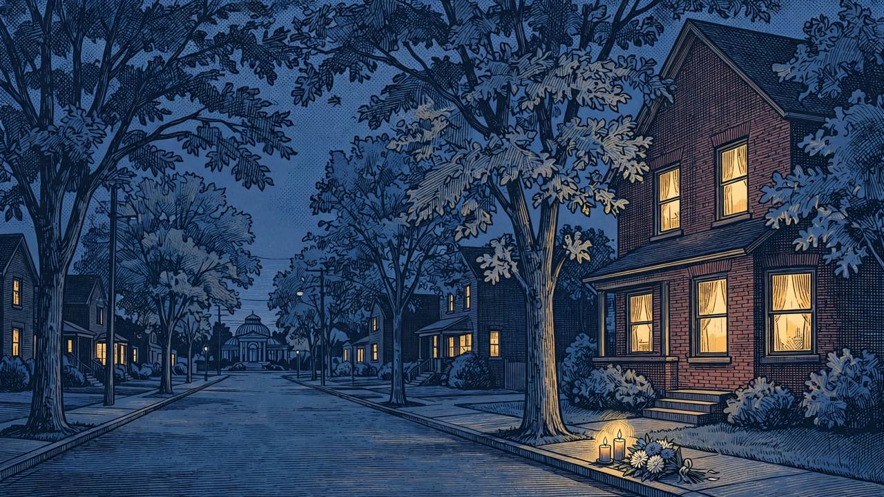 Editorial illustration of a quiet tree-lined residential street in a small Ohio college town at dusk, with candles and flowers placed on a sidewalk in memory