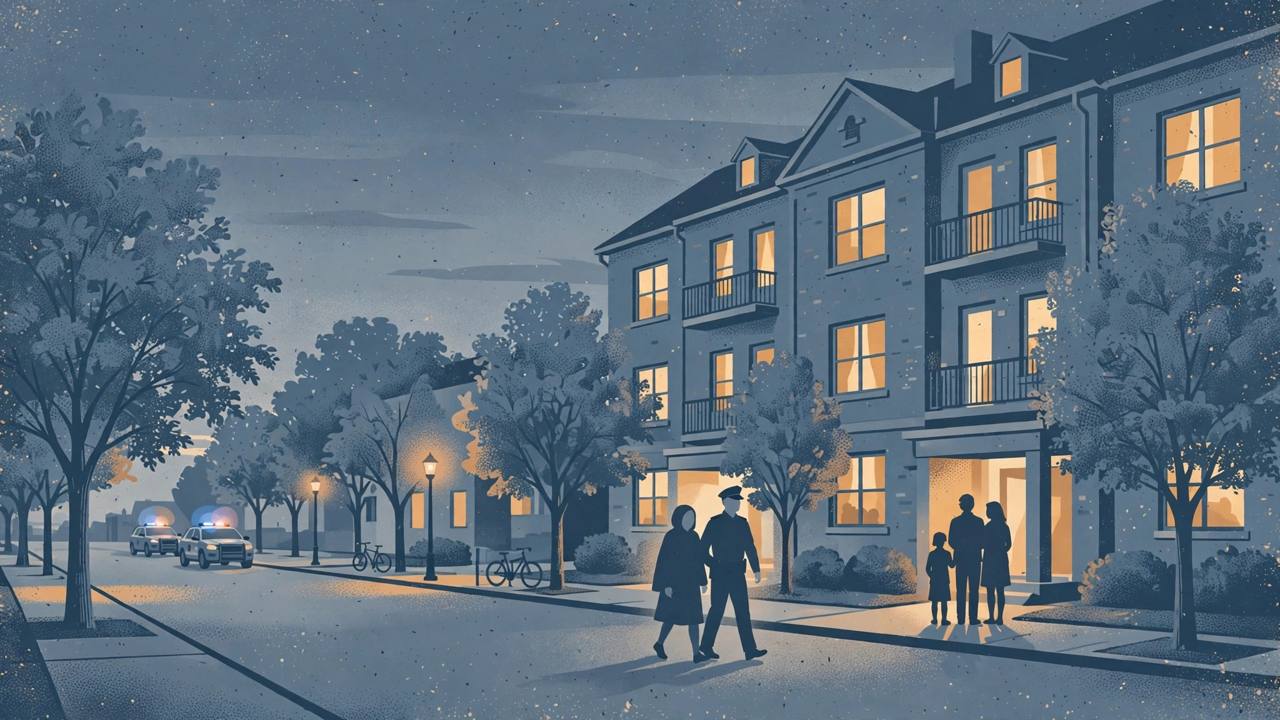 Editorial illustration of an apartment building on a quiet tree-lined Ohio street before dawn, police cars in the distance and a woman being safely escorted toward her family