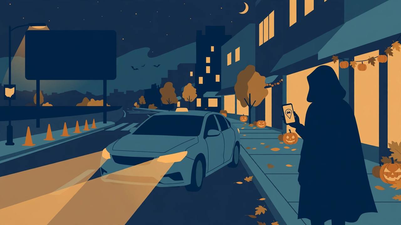 Editorial illustration of a rideshare car at night on an Ohio city street picking up a costumed passenger holding a phone, with Halloween pumpkins and traffic cones, representing the Project Plan Ahead free ride credits